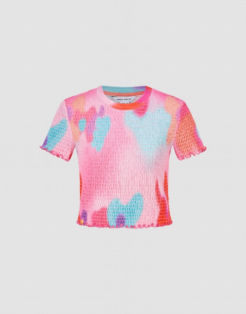 T Shirts Urban Revivo Shirred Crew Neck Mince Femme Rose Multicolore | UTJ611BK