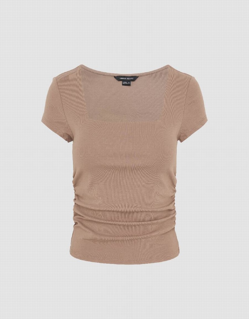 T Shirts Urban Revivo Square-Cut Collar Mince Tricoté Femme Kaki Marron | FYF257RI