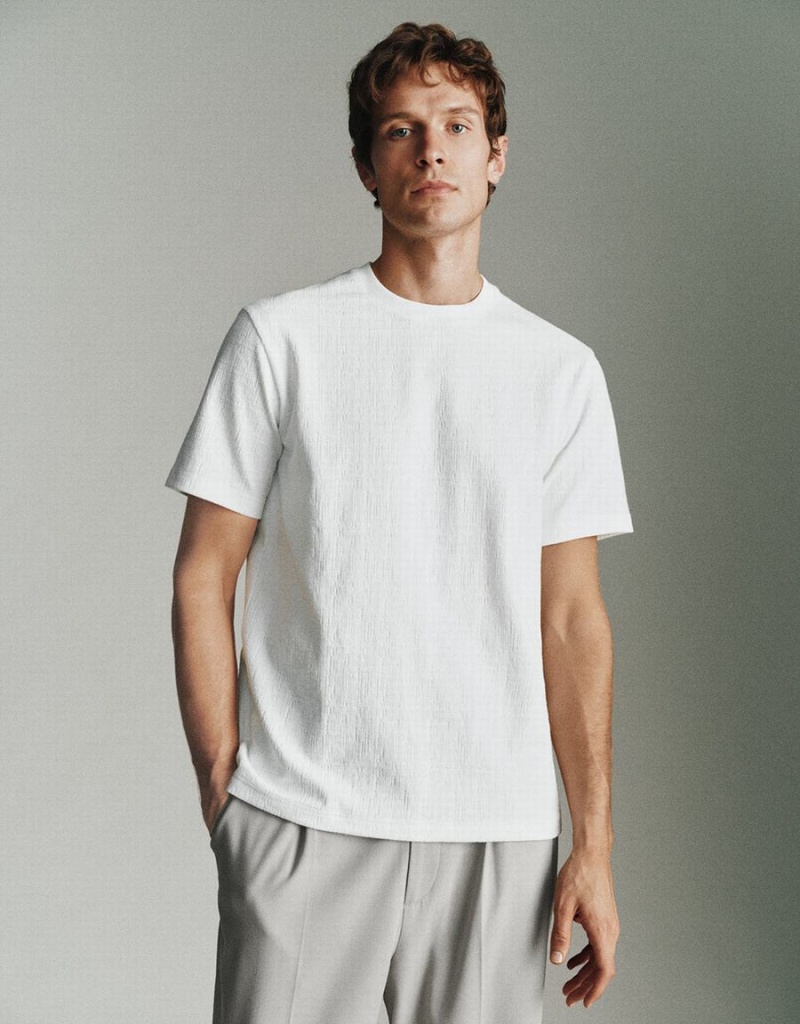 T Shirts Urban Revivo Textured Crew Neck Tricoté Homme Blanche | OGJ927NI