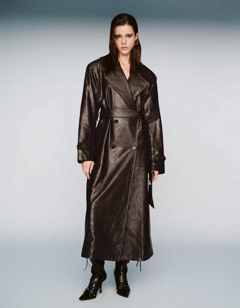 Trench Urban Revivo Longline Vegan Cuir Trench Femme Marron | XWB1473HU