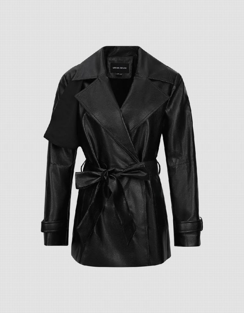 Trench Urban Revivo Vegan Cuir With Belt Femme Noir | CMR2415MD