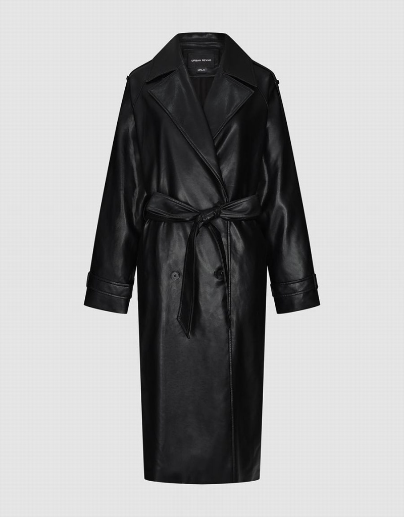 Trench Urban Revivo Vegan Cuir With Belt Femme Noir | KVS5528LZ