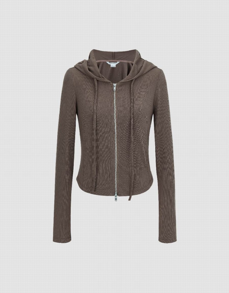 Veste À Capuche Urban Revivo Zippé Front Mince Femme Marron Foncé | GMC9640YW