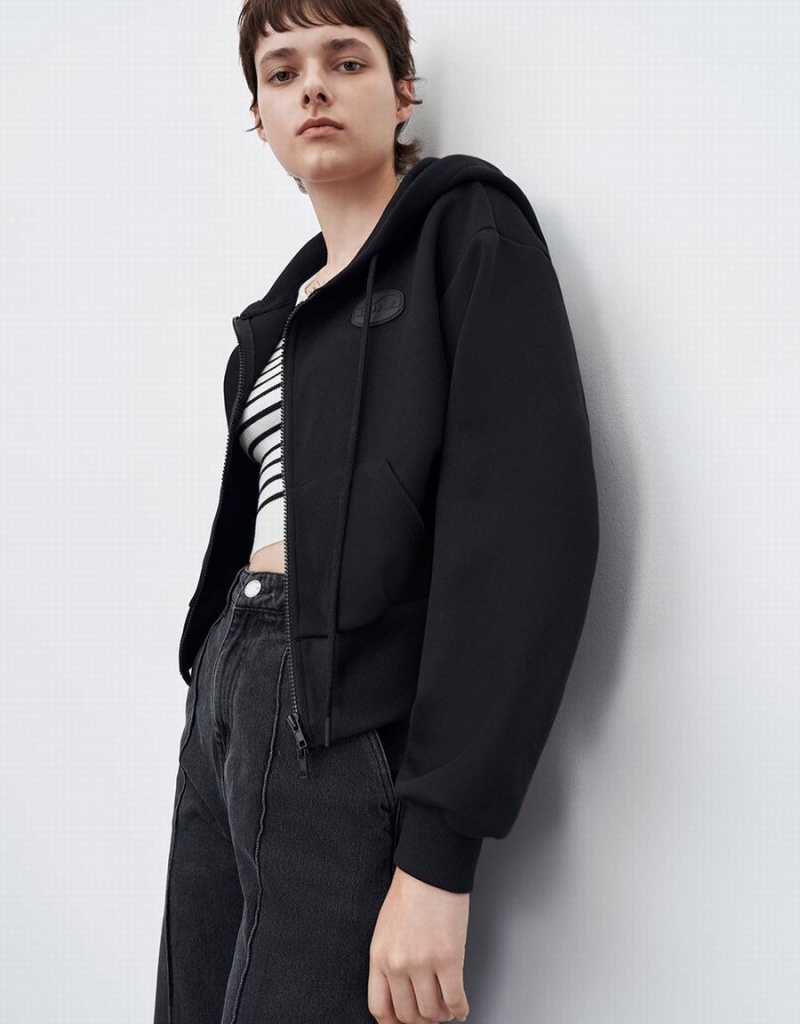 Veste À Capuche Urban Revivo Zippé Front Tricoté Femme Noir | HIJ1834FW